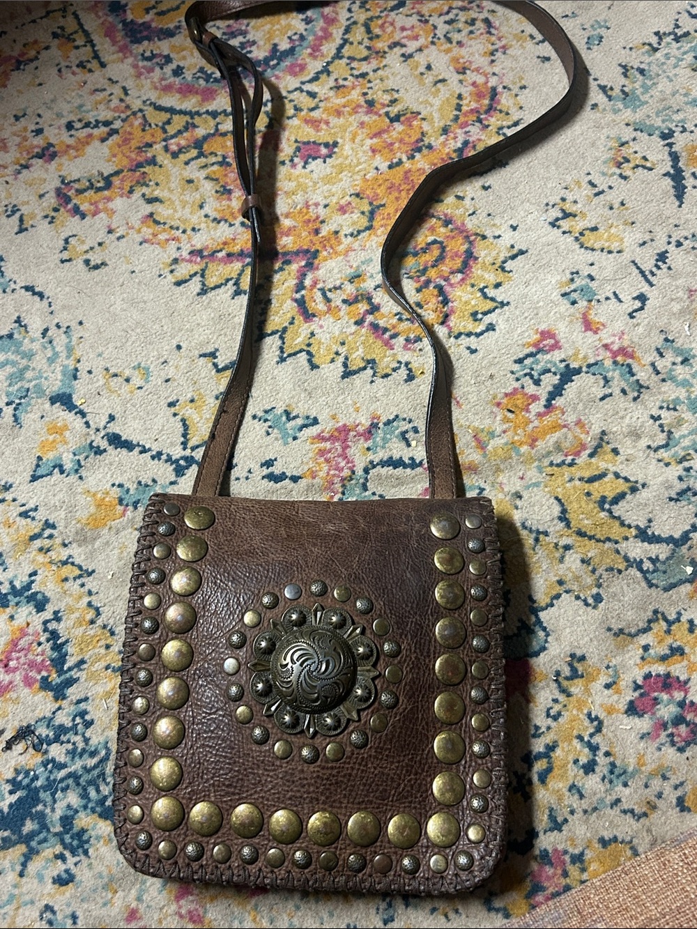 Patricia Nash Brown Studded Leather Crossbody Shoulder Bag Boho